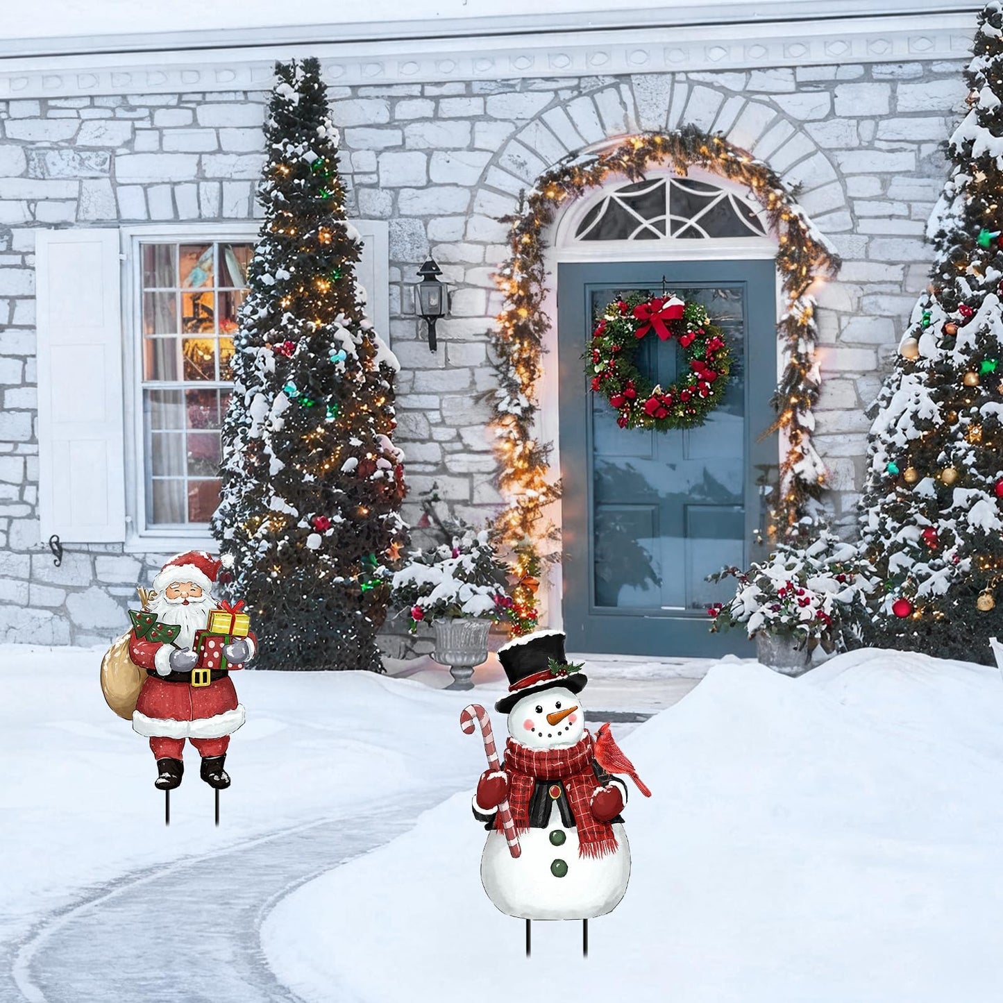 Christmas Decorations Outdoor, Snowman and Santa Claus Metal Yard Signs with Stakes, Xmas Winter Decorative Signs for Garden House Lawn Pathway Patio Outside