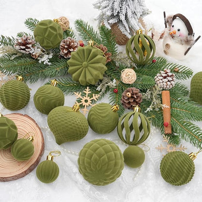 Velvet Christmas Balls 48pcs Flocked Christmas Tree Ornaments Set Shatterproof Christmas Ornaments with Hanging Rings Suitable for Xmas Tree Holiday Decor(Green)