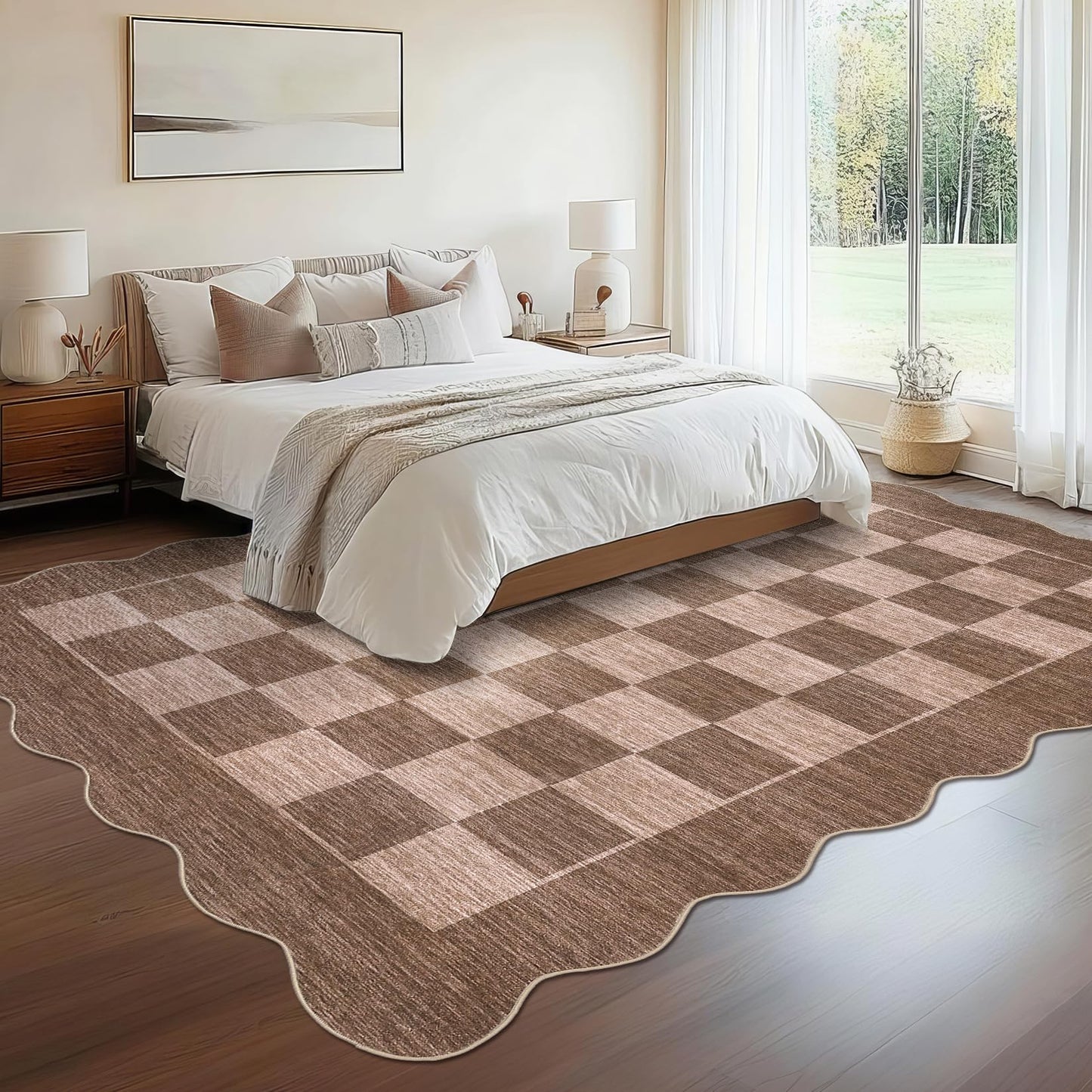 GarveeHome Scalloped Living Room Rug 8x10 Washable Area Rug for Dining Room Bedroom Low Pile Neutral Area Rugs Modern Checkedboard Farmhouse Floor Cover Brown