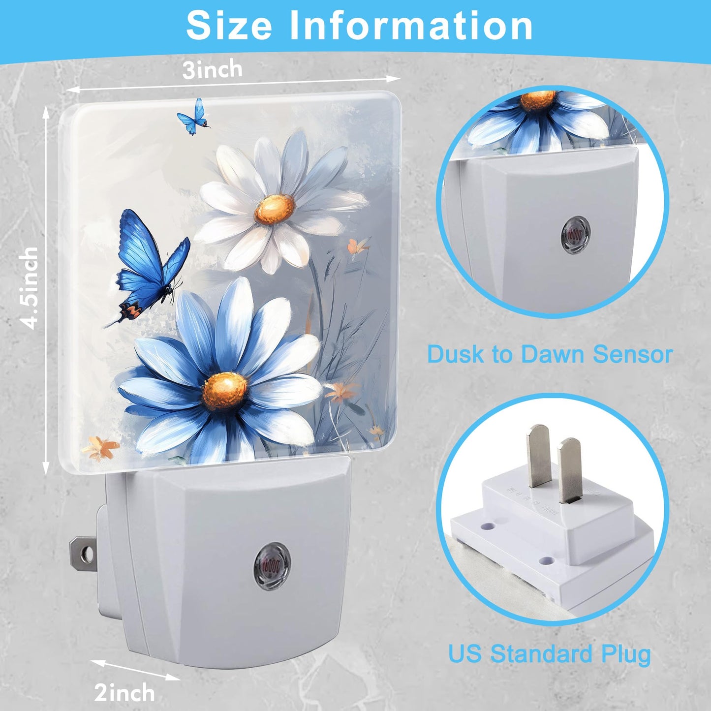 KXWQTRDD Blue and White Daisy Floral Butterfly Night Light Plug into Wall,Nightlights with Light Sensor Dusk to Dawn,Plug in Night Lights for Kids,Warm Lamps for Bathroom Bedroom Kitchen
