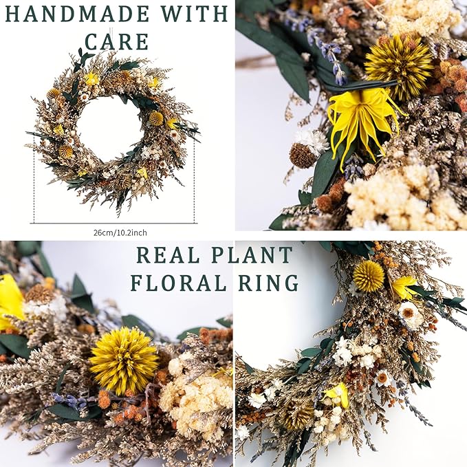 Handmade Dried Flower Wreath – 10 Inch Real Plant Floral Ring, Rustic Boho Wall Decor for Home, Front Door, Wedding, Fall Decor