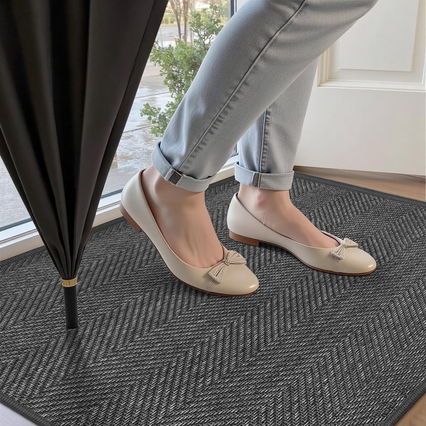 ENHASIV Ultra Thin Indoor Door Mat 24"x36", Washable Door Mat Indoor Entrance, Non Slip Rubber Backing Doormat Low-Profile Inside Entryway Mat, Unique Herringbone Design Entry Mat, Dark Grey (FOLD)