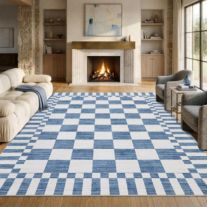 GarveeHome Dark Blue Checkered Rug 5×7 Area Rugs for Living Room，Non-Slip Washable Rug Soft Low-Pile, Neutral Modern Farmhouse Geometric Rugs for Bedroom Dining Room Office