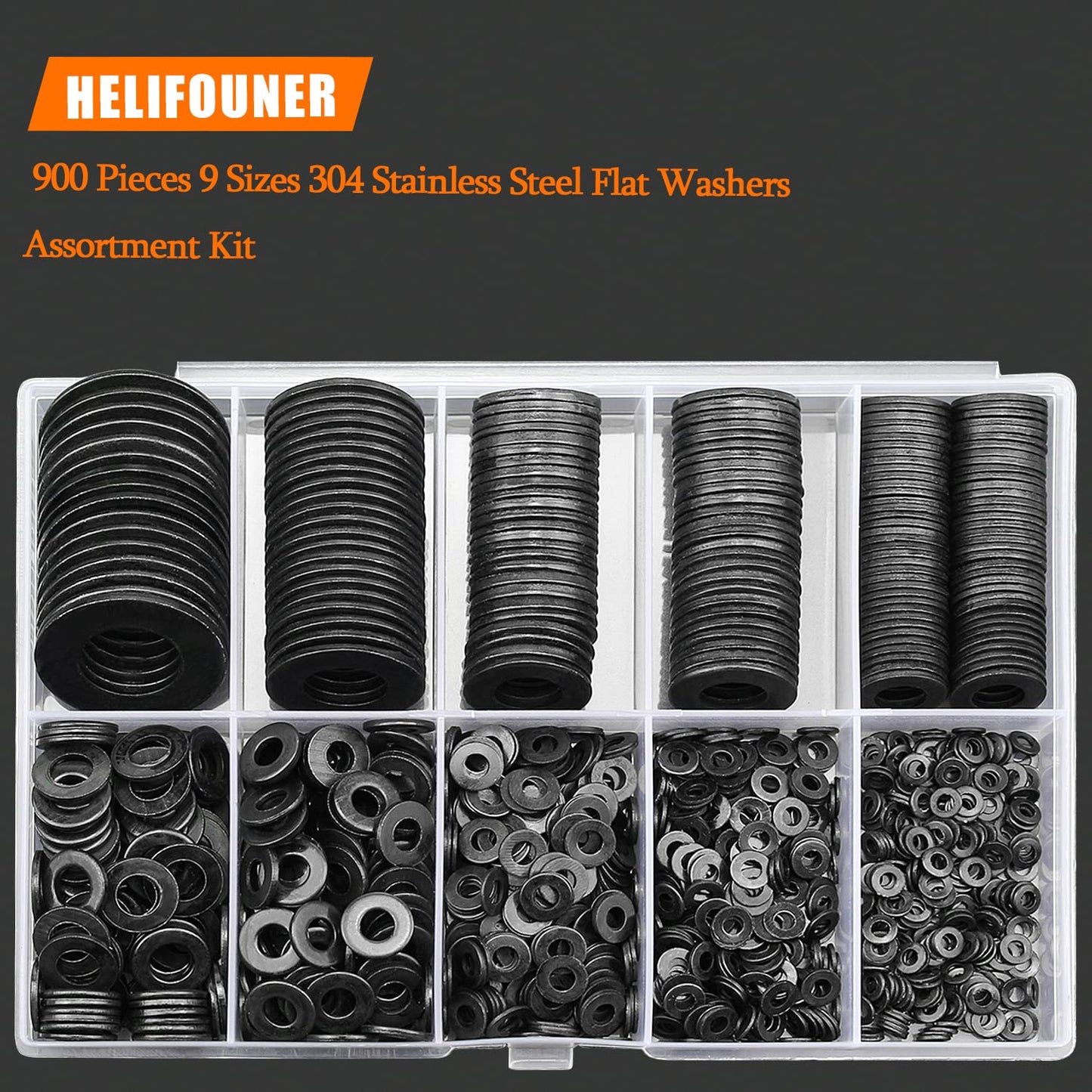 900 Pieces Black Zinc, HELIFOUNER Flat Washers Assorted Kit, Flat Washers, Metric Washers, Lock Metal Washers (M2 M2.5 M3 M4 M5 M6 M8 M10 M12)