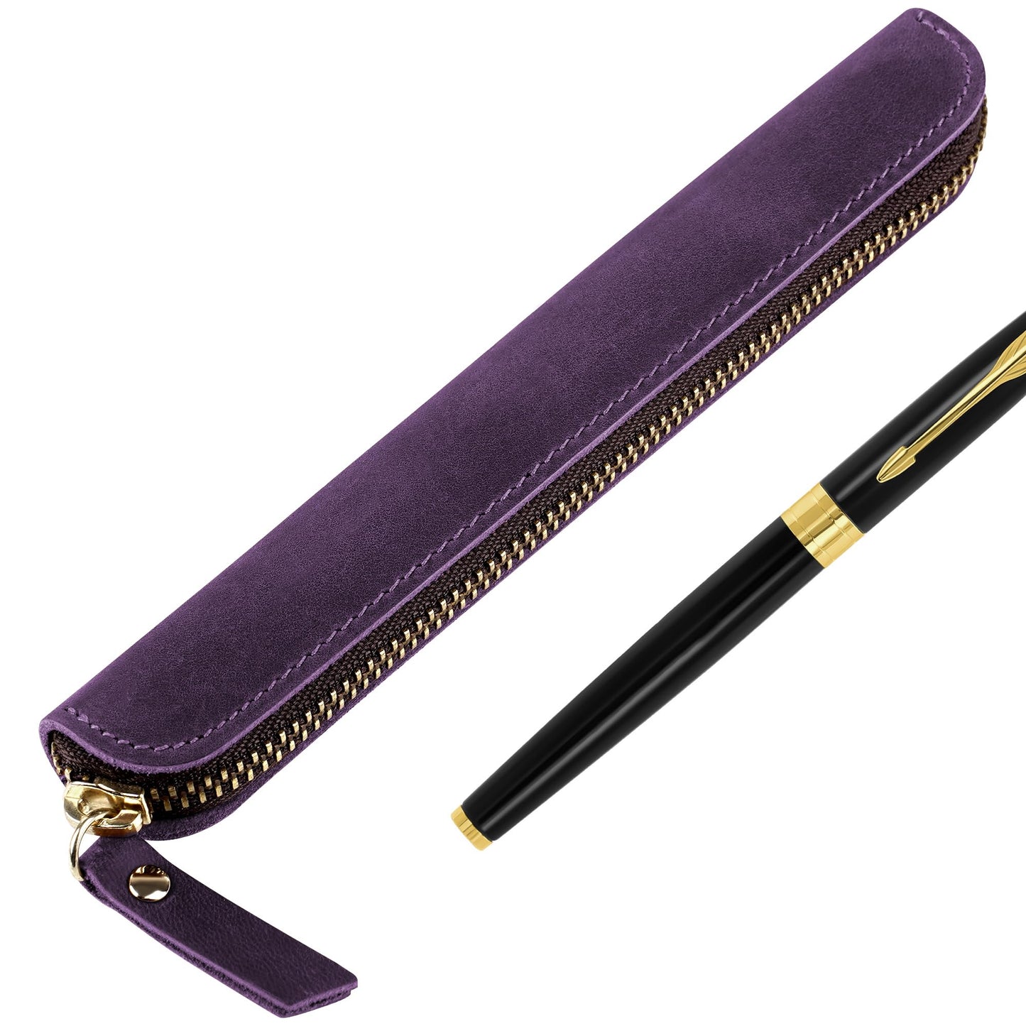 JANKOW Crazy Horse Leather Zipper Pen Pouch Handmade, Single Pen Case Fountain Pen Sleeve Holder Pouch Cover Vintage, Mini Pencil Bag (Purple)