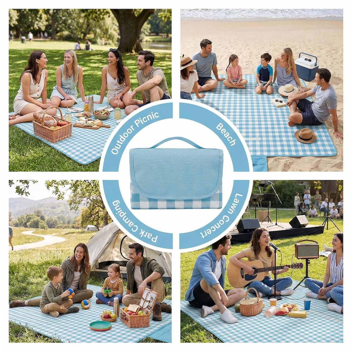 FMLIUY Waterproof Foldable Picnic Blanket Outdoor with Carry Strap,80"X60" Extra Large Beach Blanket Sandproof,Portable Soft Gingham Picnic Mat for Camping Travel Hiking Family Concerts Park(Blue)