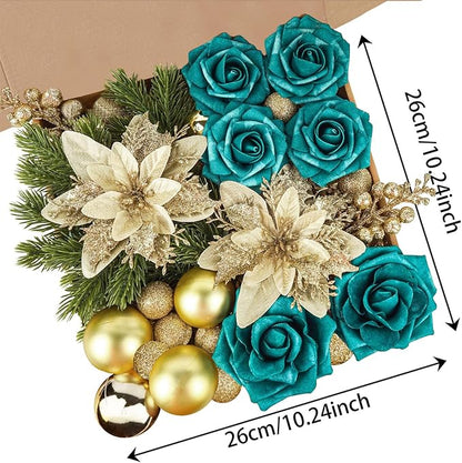 Christmas Flowers Artificial Box Set, Christmas Themed Floral Decorations for DIY Christmas Tree Ornament Wedding Birthday Wreath Decoration (B)