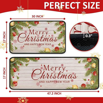Merry Christmas Kitchen Rugs and Mats Set, Xmas Indoor Floor Mats for Winter, Merry Christmas (17"x47" + 17"x30")