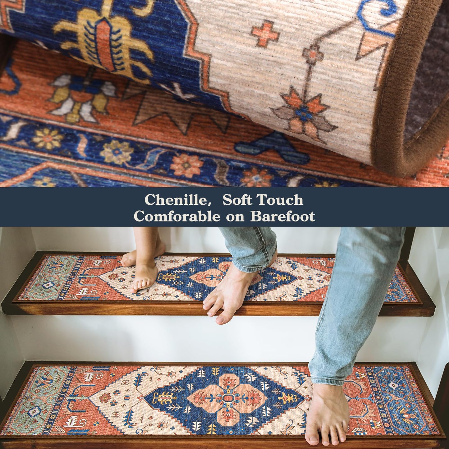 Lahome Stair Treads Non Slip 15 Pack 8" X 30" Stair Treads for Wooden Steps, Washable Self Adhesive Stair Runners Stain Resistant Stair Carpet, Edging Stair Rug for Kids, Elders and Dogs Dorie, Rust