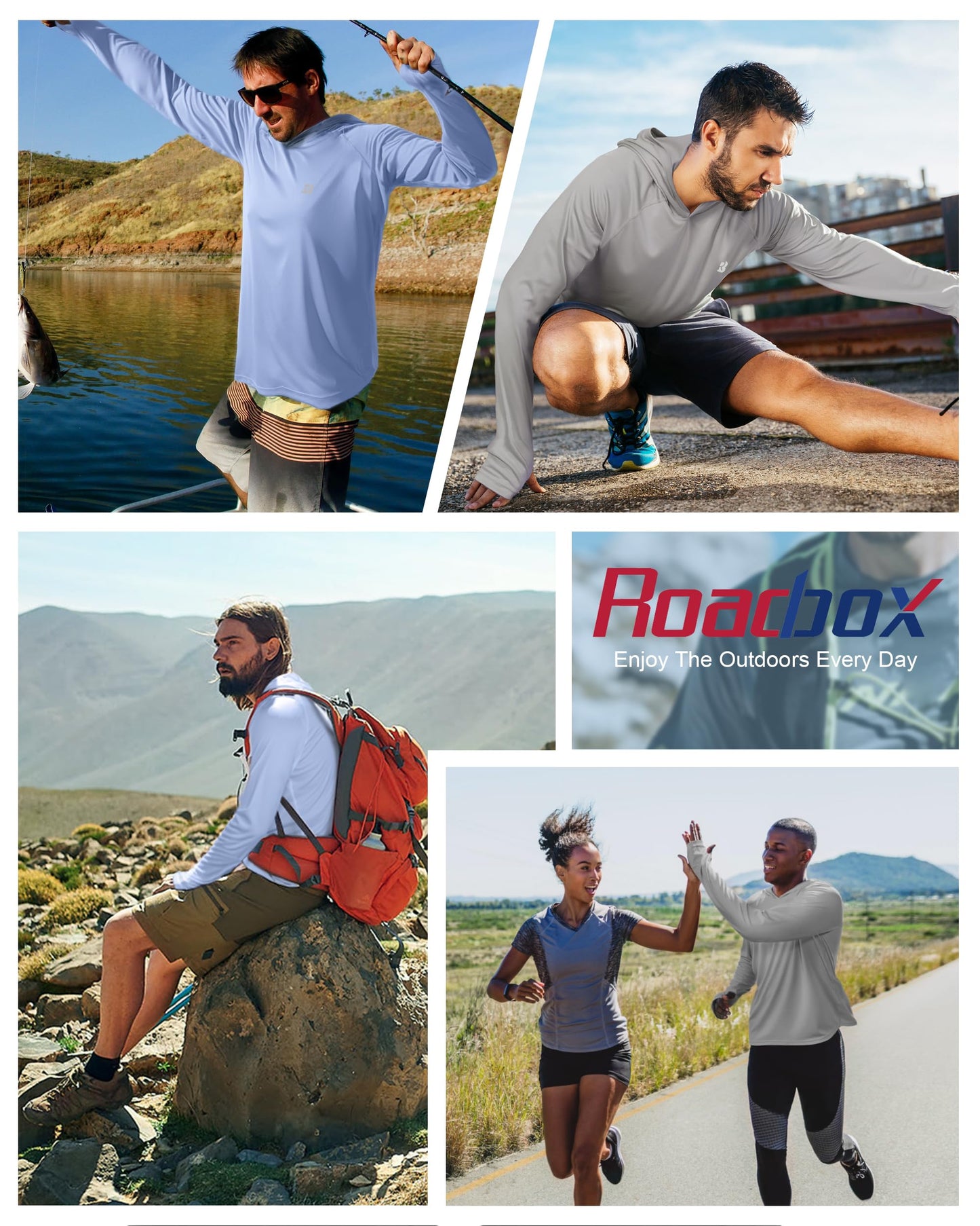 Roadbox UPF 50+ Fishing Shirts for Men, Long Sleeve UV Protection Sun Hoodie, Swim Rash Guard for Hiking Running Workout Blue