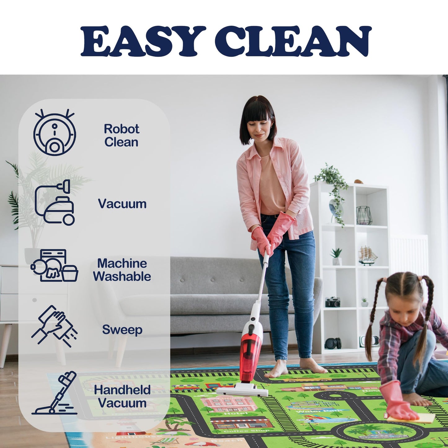 5x7ft Kids Island Train Car Play Rug - Non-Slip Faux Wool Carpet with Interactive Island Map Design, Educational Toy Vehicle Mat for Kids, Bedroom Playroom Nursery Gift.