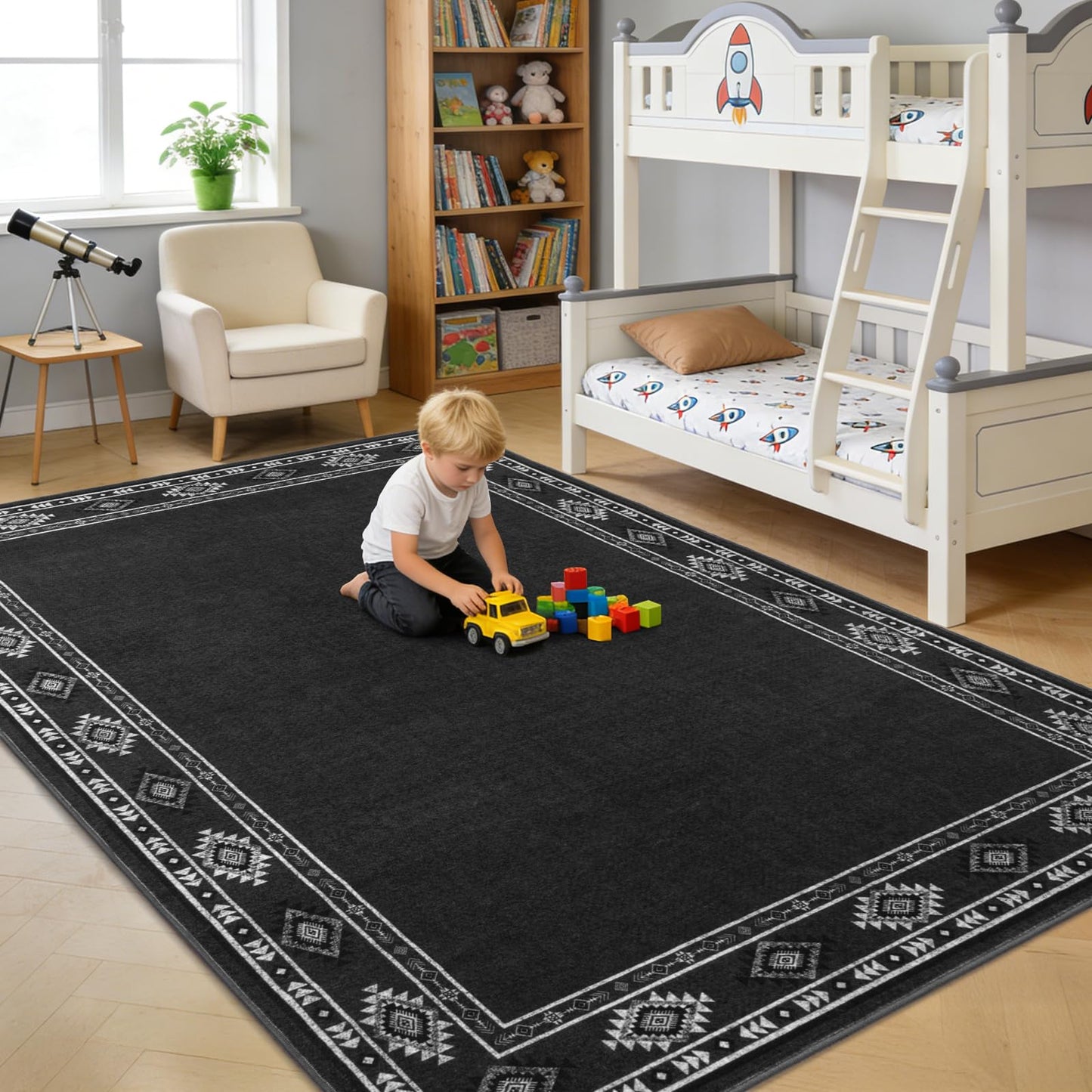QDUIDU Large Area Rug for Bedroom Living Room, 4x6 Feet Ultra Soft Dark Grey Rugs Washable Modern Geometric Bordered Non Slip Low Pile Carpets Home Decor