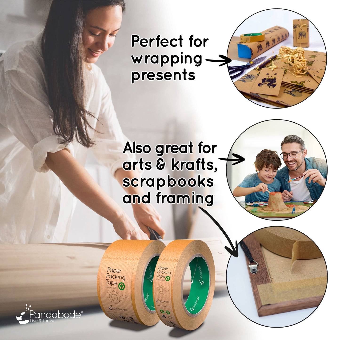 Kraft Paper Packing Tape 48mm x 50m | 6 Pack | Brown Paper Tape for Strong Parcel Packaging | Recyclable & Eco Friendly (6)