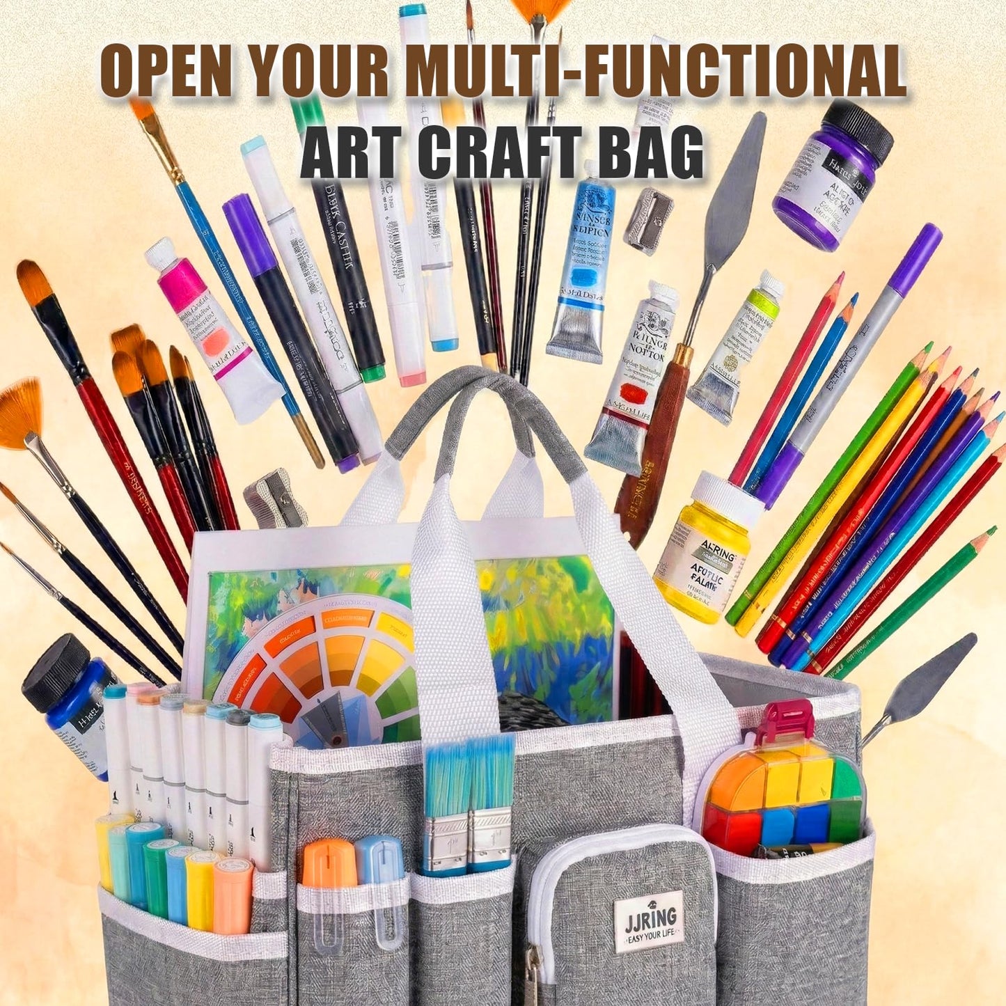 JJRING Craft Organizer Tote Bag, Portable Art Caddy with Adjustable Divider&Secure Zipper Pocket, Large Foldable Storage Tote for Scrapbooking, Sewing, Artist and Home(Grey)