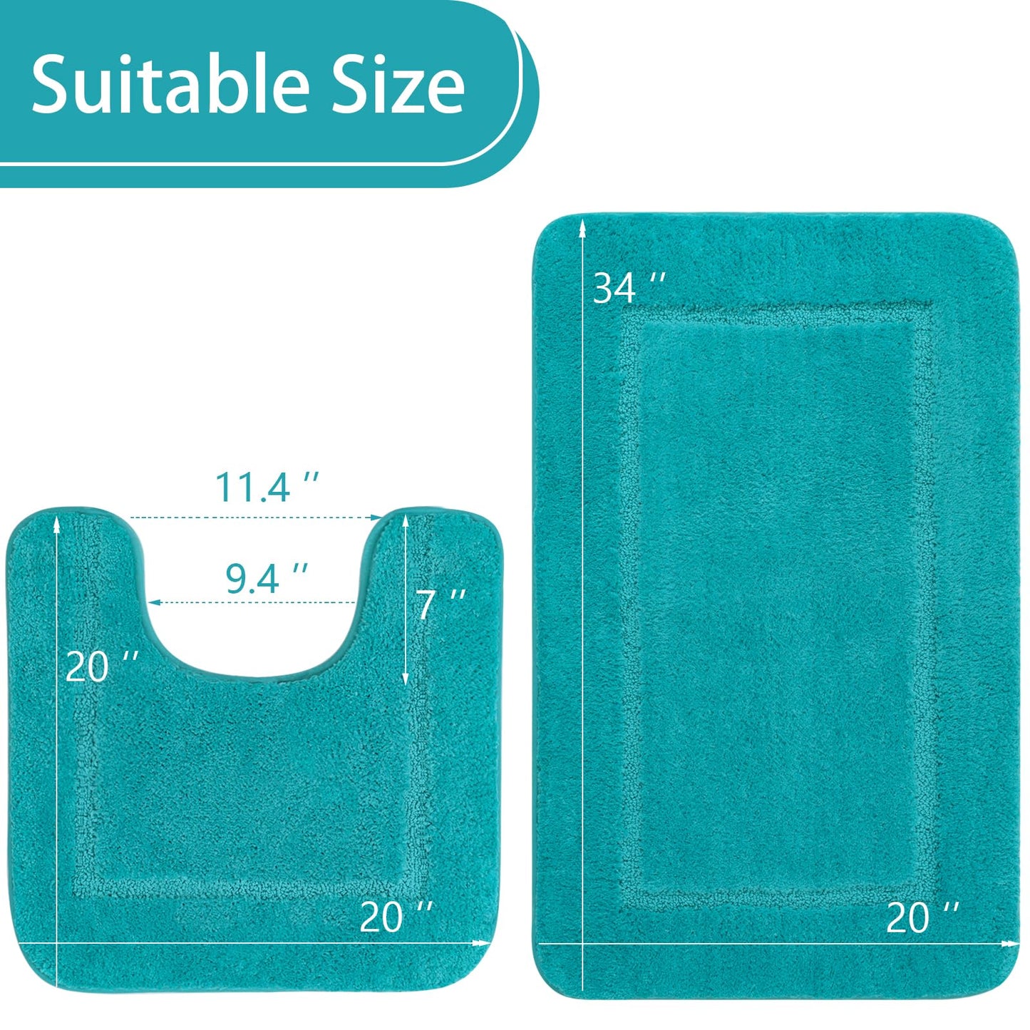 LOCHAS Bathroom Rug Set Teal Blue, Soft Bath Rug Set 2 Piece, Toilet Mat U-Shaped 20x20 and 34x20 Bath Rugs, Quickly Dry Mats for Bathroom, Tub, Washable, Super Absorbent Floor Mat