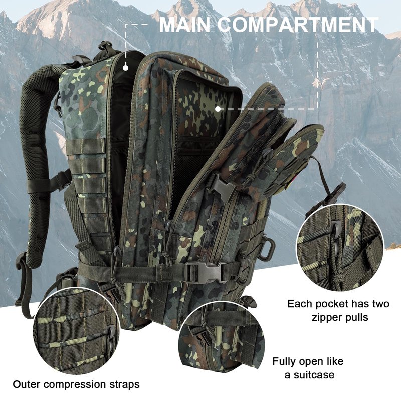 Hannibal Tactical MOLLE Assault Backpack, Tactical Backpack Military Army Camping Rucksack, 3-Day Pack Trip w/USA Flag Patch, D-Rings, Flecktarn