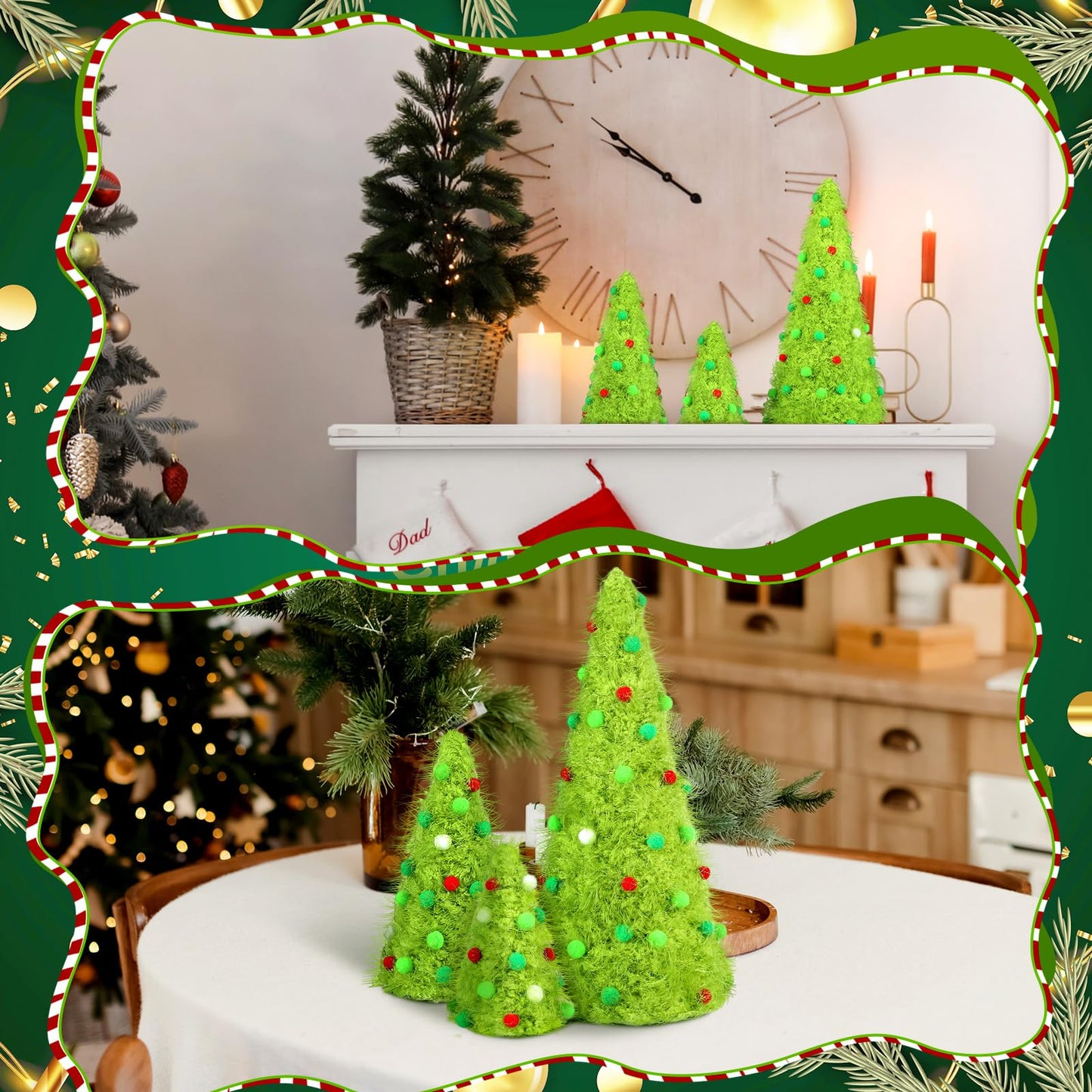 Fullhawl 3 Pcs Christmas Table Decorations Lime Green Furry Christmas Tree Yarn Centerpiece Artificial Plush Fur Fluffy Spot Surface Cone Table Signs Xmas Party Decor (Green,Multiple Size)