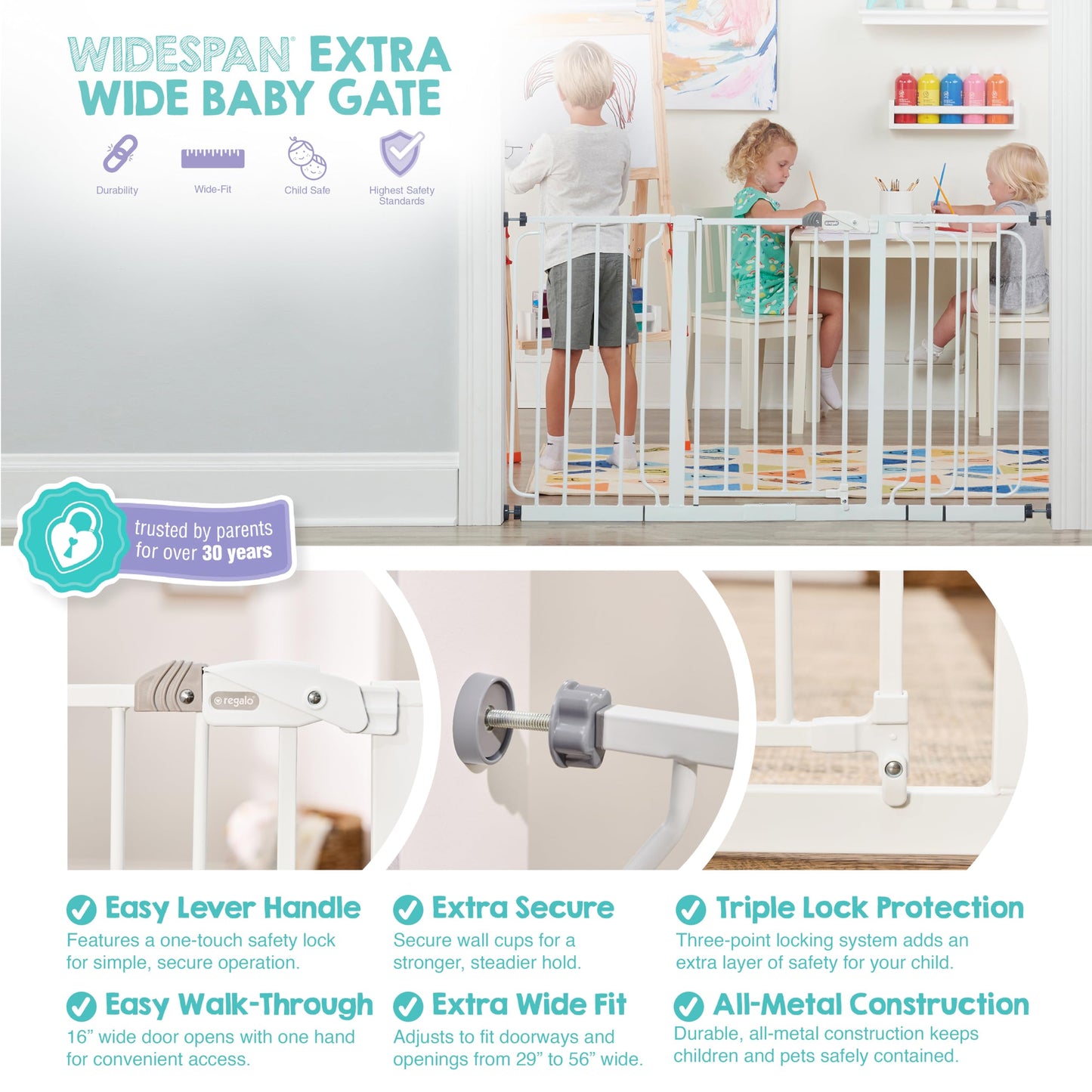 Regalo Safety 29-56" Extra Wide Baby Gate for Doorways & Bottom of Stairs, Pressure Mounted Baby Gate with Door for Babies, Toddlers & Pets, Tested & Safe for 30 Years, American Designed and Owned