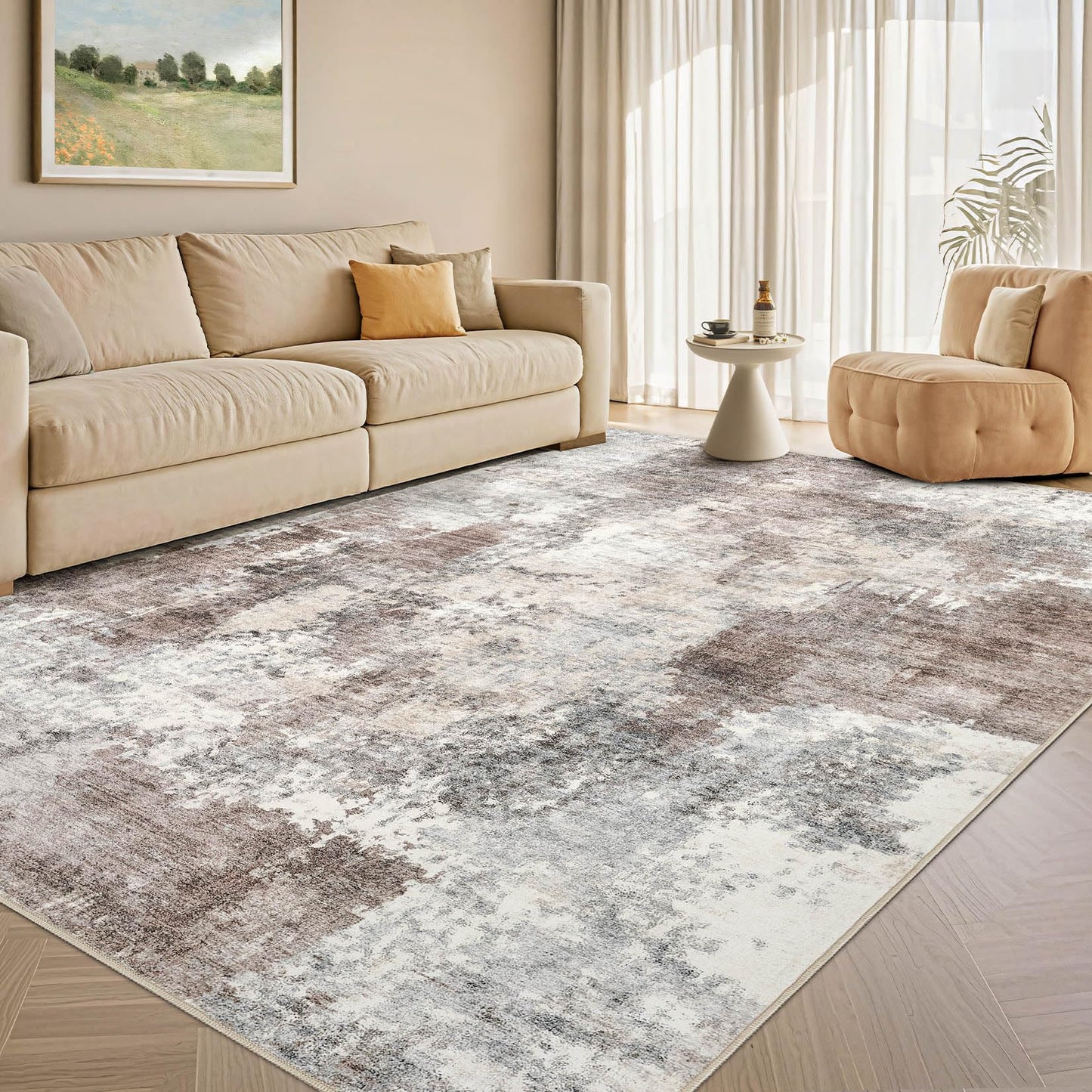 Tortania Washable 6x9 Area Rug for Living Room: Modern Abstract Neutral Large Soft Thin Rugs - Non Slip Indoor Carpet for Bedroom Dining Room Office Nursery Home Floor Decoration - Gray Brown