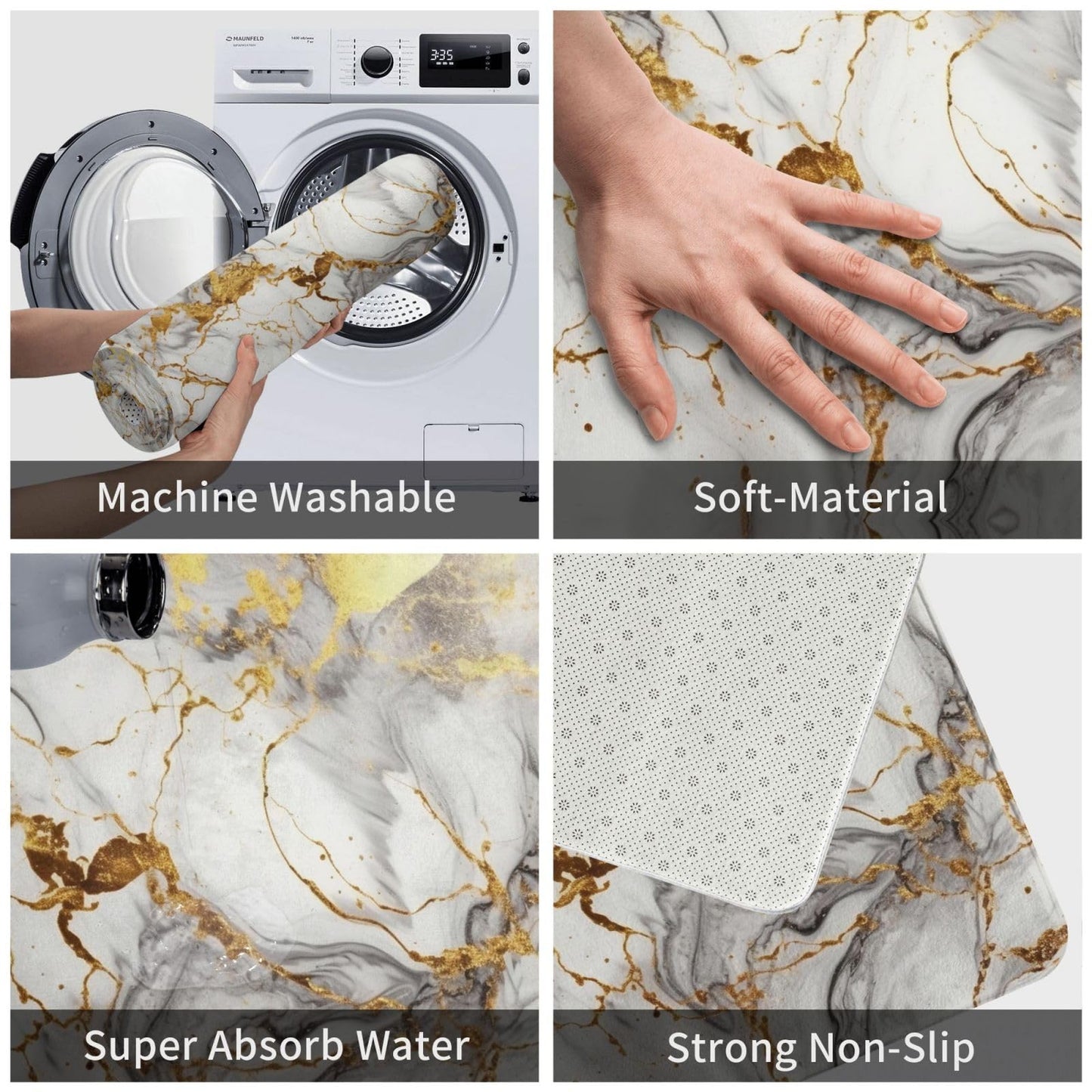 Jbofyee Golden White Marble Print Bath Mat 24x16 Inch Non-Slip Soft Microfiber Bathroom Rugs Washable Bathmat, Carpet Rug Entryway Decor for Tub Shower Room Floor