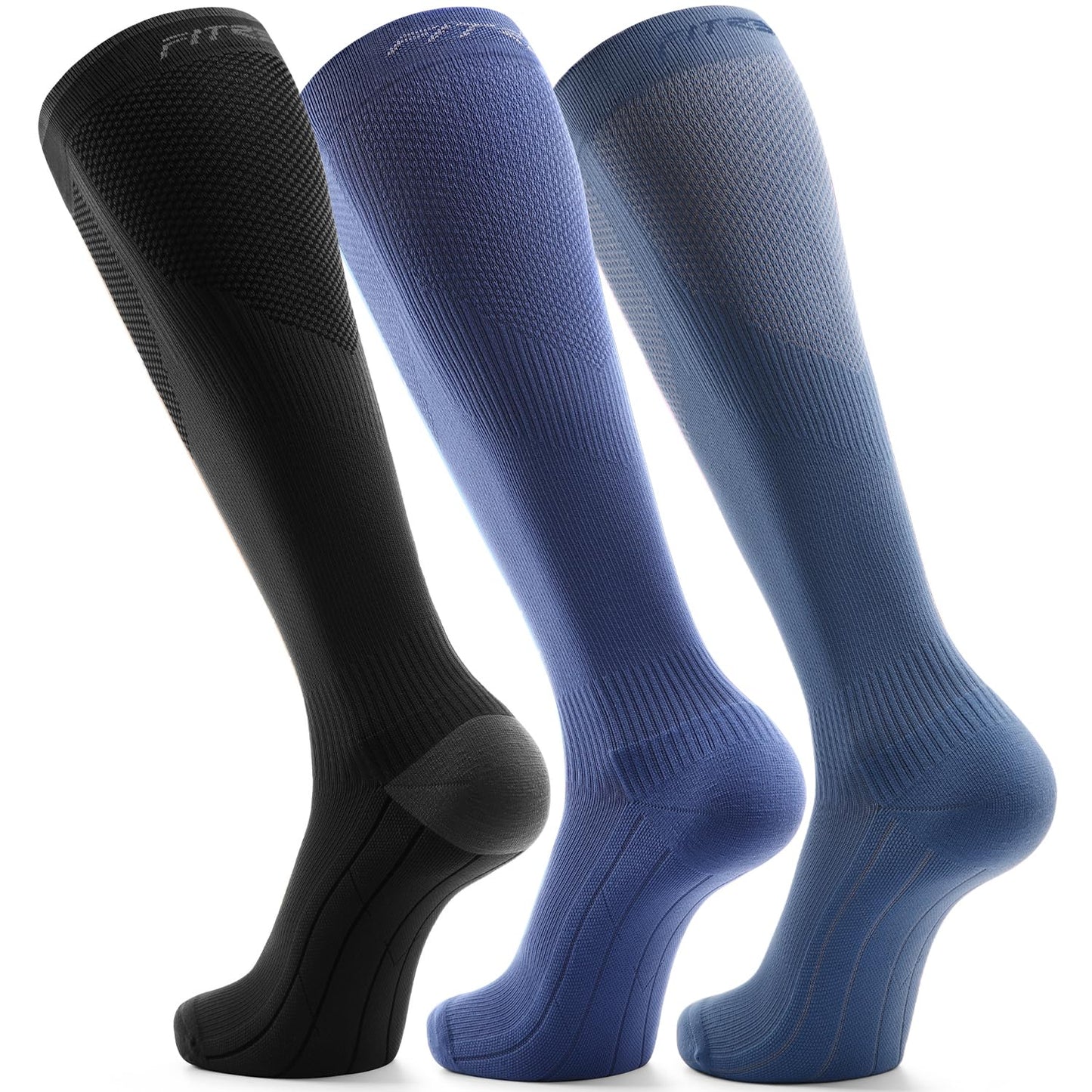 FITRELL 3 Pairs Compression Socks for Women and Men 20-30mmHg- Muscle Support Socks for Travel, Running, Nurse, Knee High, Black+Light Blue+Dark Blue L/XL