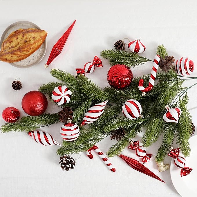 Christmas Ball Ornaments Set Shatterproof Christmas Tree Ornaments 24 PCS Painted Shaped Styles Xmas Tree for Holiday Decor,Red