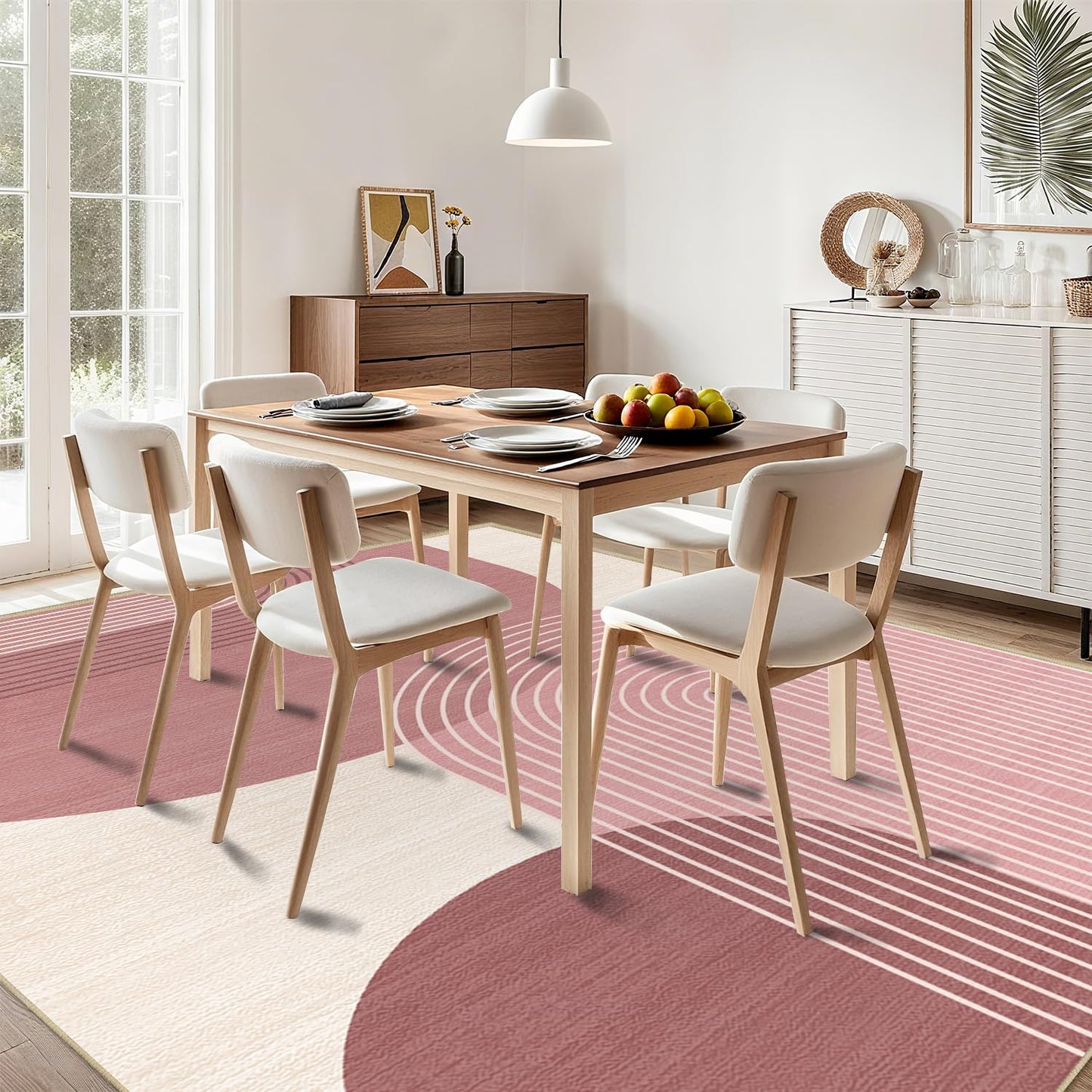 Boho Large Area Rug 4x6 for Living Room Bohemian Rugs Machine Washable Modern Geometric Rug Non Slip Printed Low Pile Indoor Floor Carpet for Dining Room Bedroom Office,Pink