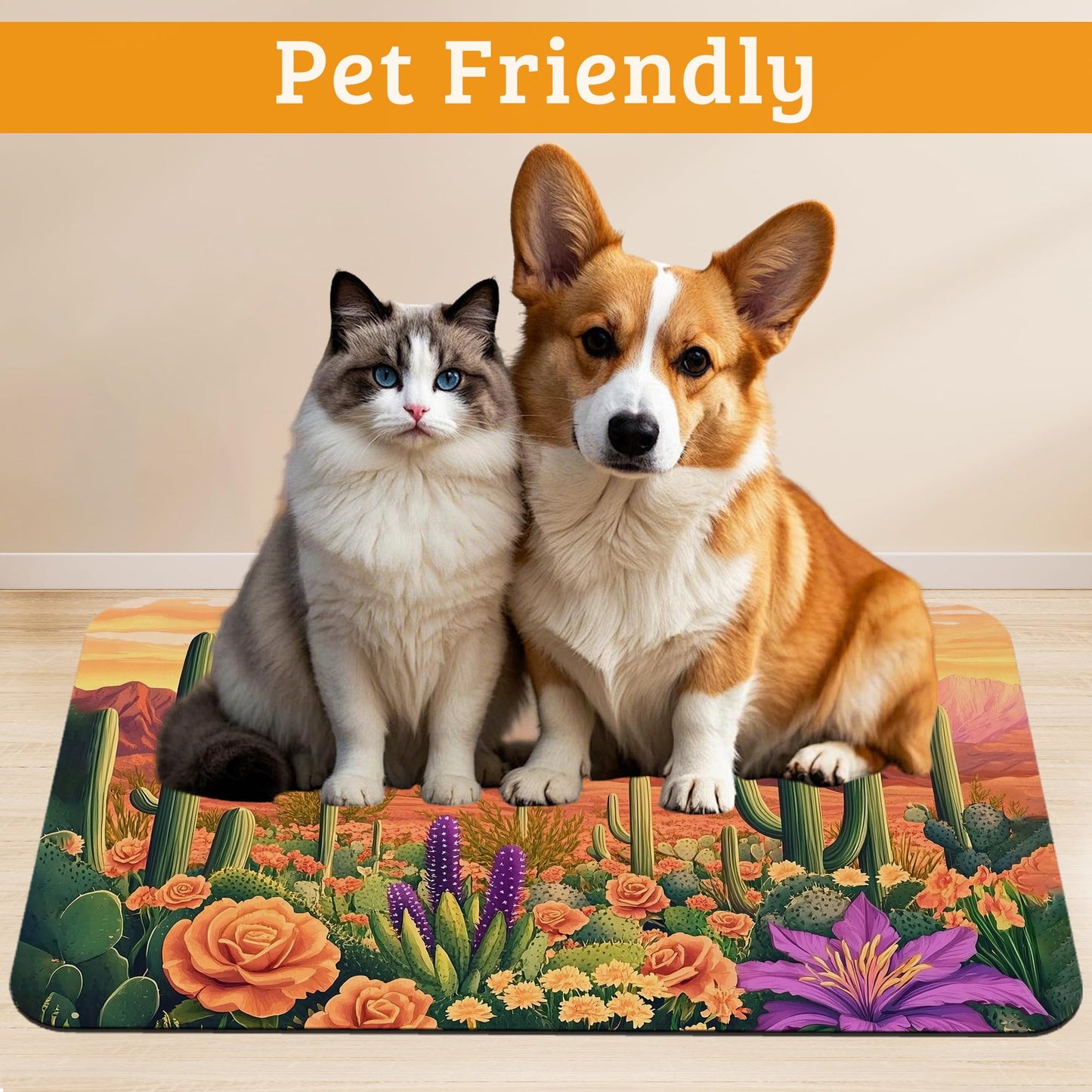 Pet Feeding Mat,Cactus Absorbent Dog Cat Food Mat Desert Dog Mat with Rubber Backing,Non-Slip Water Bowl Placemat,Pet Supplies 12" x 20"
