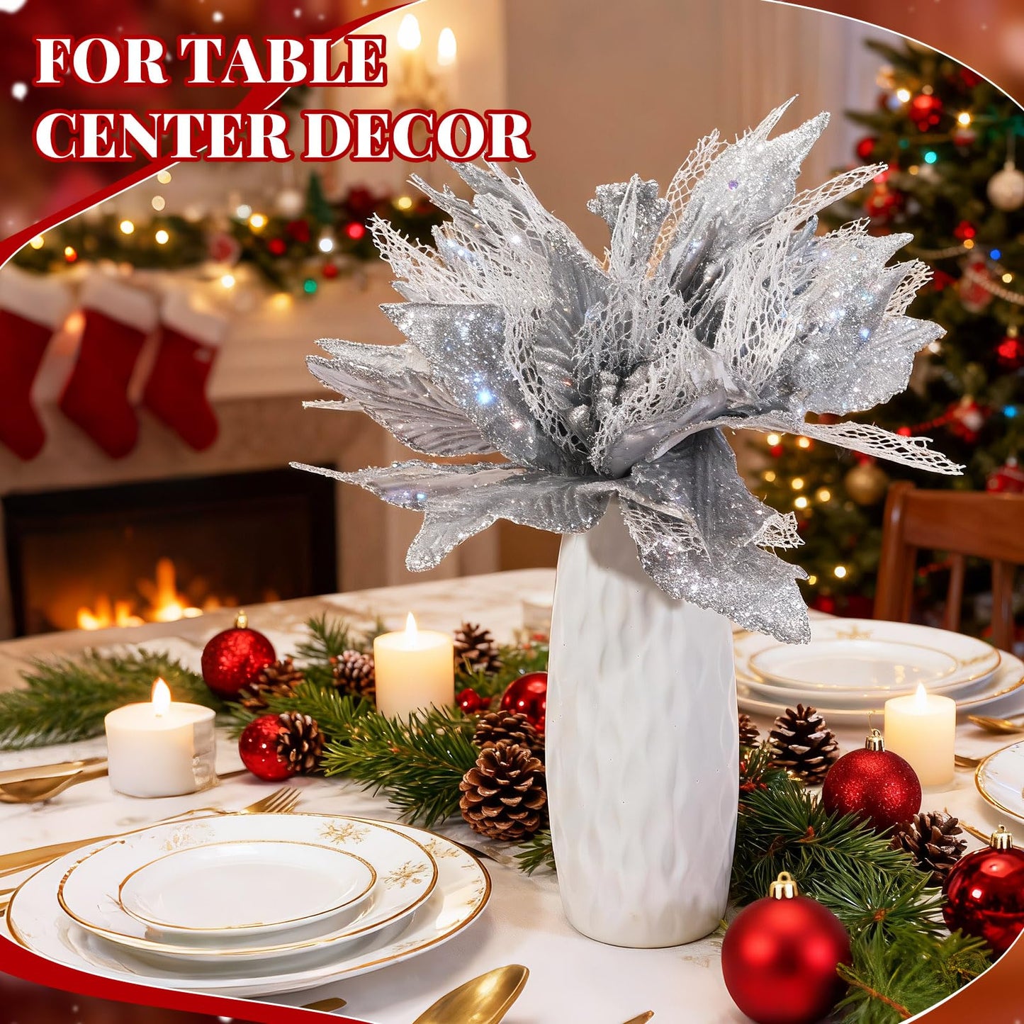 Yerliker 108 Pcs Sliver Glitter Christmas Picks and Sprays, 12 Styles Artificial Christmas Floral Berry Branches Flowers Stems for Xmas Tree Ornaments Wreath Garland DIY Vase Holiday Party Decor