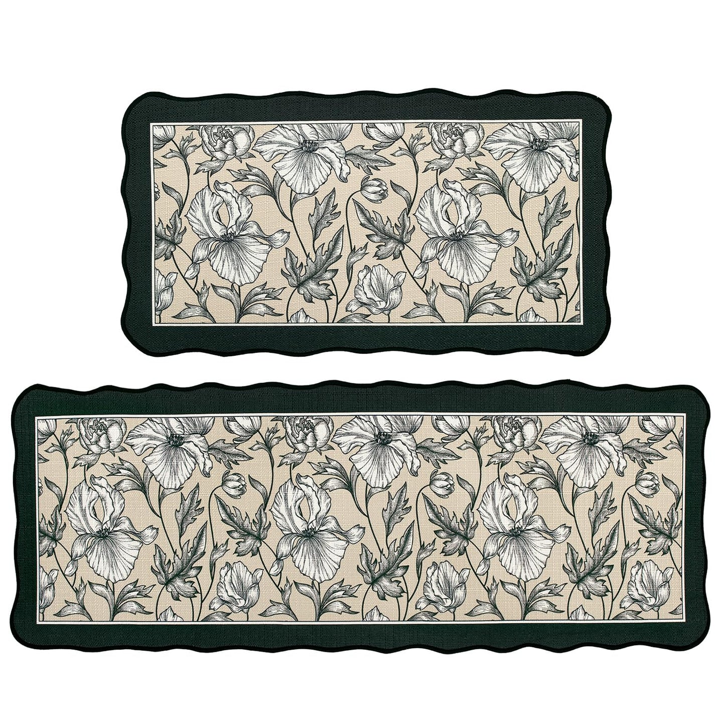 Brevoscht Scalloped Black Kitchen Rug Sets of 2, Non Slip Washable Kitchen Mats for Floor, Floral Comfort Standing Mat for Hallway Sink Laundry Office 16.5x29.5 and 16.5x47 Inch