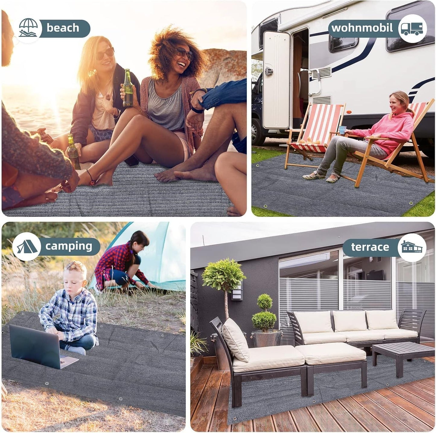 FoundGo Awning Carpet HDPE Camping Outdoor Rug with Eyelets,Nails,Broom,for RV,Patio,Backyard,Picnic,Beach,Trailer 8'*20' (2.44 * 6.1m) -Black