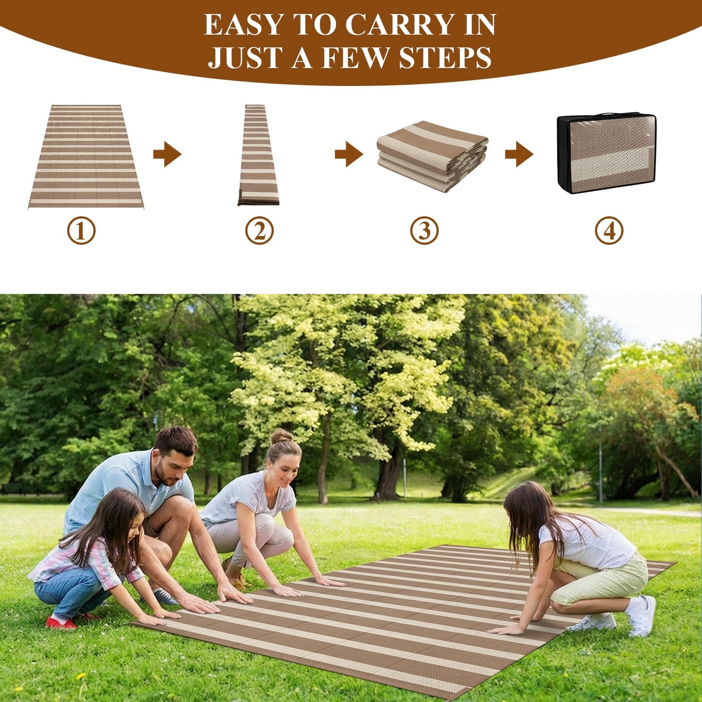 Vaukki Waterproof Outdoor Rug 5x8, Reversible Striped Patio Rug, Lightweight Plastic Straw Camping Mat, Indoor Outdoor RV Carpet for Outsides, Patio, Camping, Balcony, RV and Deck, Brown and Beige