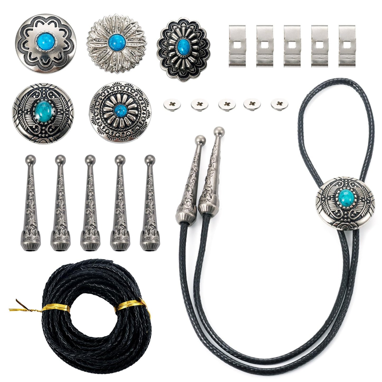 Pandahall 20Pcs Bolo Tie Slider Clasp Kit Alloy Turquoise Buttons Leather Necktie Bolo Tie Tips Replacement End Caps Bolo Tie Slide Clasp for Bracelet Jewelry Making DIY Craft Wallet Bag