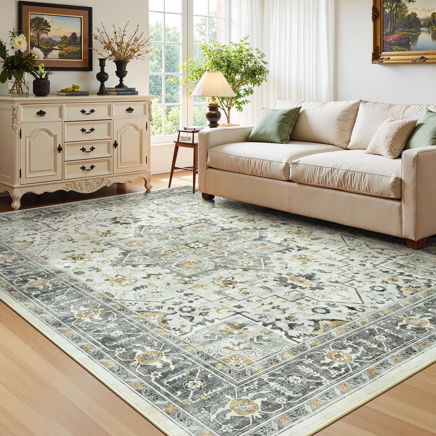 Vibrug Boho Taupe 5x7 Living Room Rug - Modern Vintage Eclectic Floral Pastel Neutral Grey Carpet, Washable Low Pile Non-Slip Extra Large Area Rugs for Dining Under Table, Bedroom, Nursery, Lounge