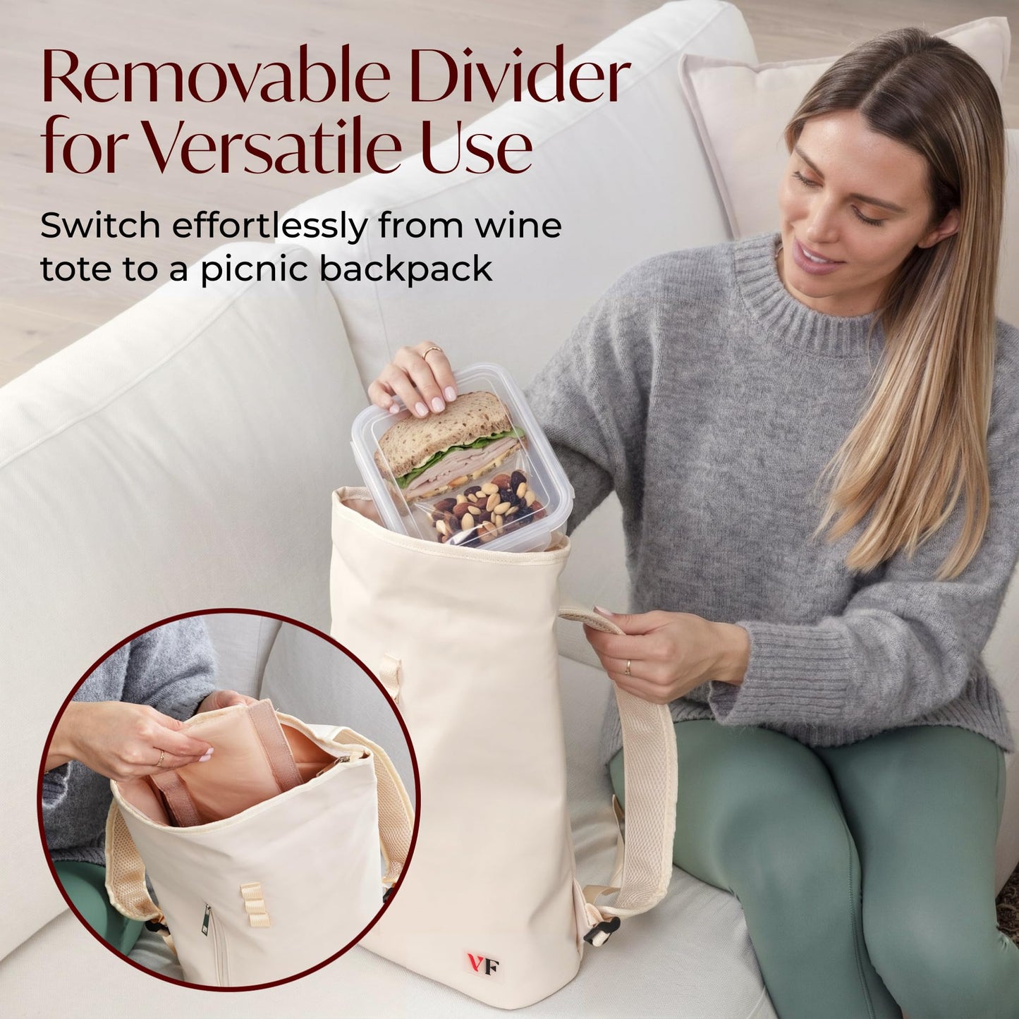 VIN FRESCO Two Bottle Rolltop Wine Tote Bag – Stylish PU Leather Backpack with Matching Tumblers – Wine Carrier with Padded Straps and Compartments for Travels & Picnics (Beige)