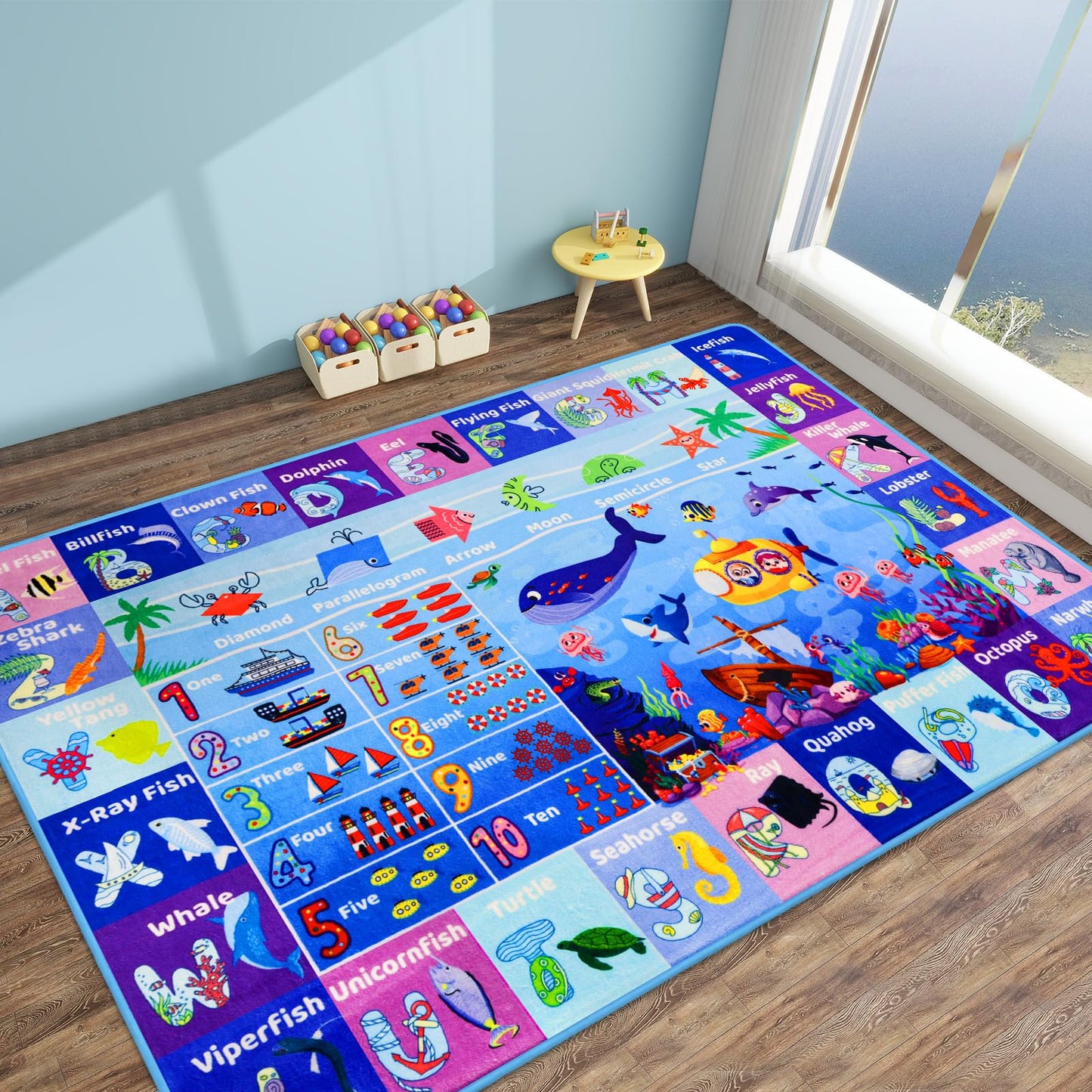 DINSUMRUG 3'3"×5' Interactive Ocean World Learning Rug with ABC, Sea Animals, Numbers & Shapes for & Preschoolers, Washable Non-Slip Carpet for Playroom, Nursery & Homeschool