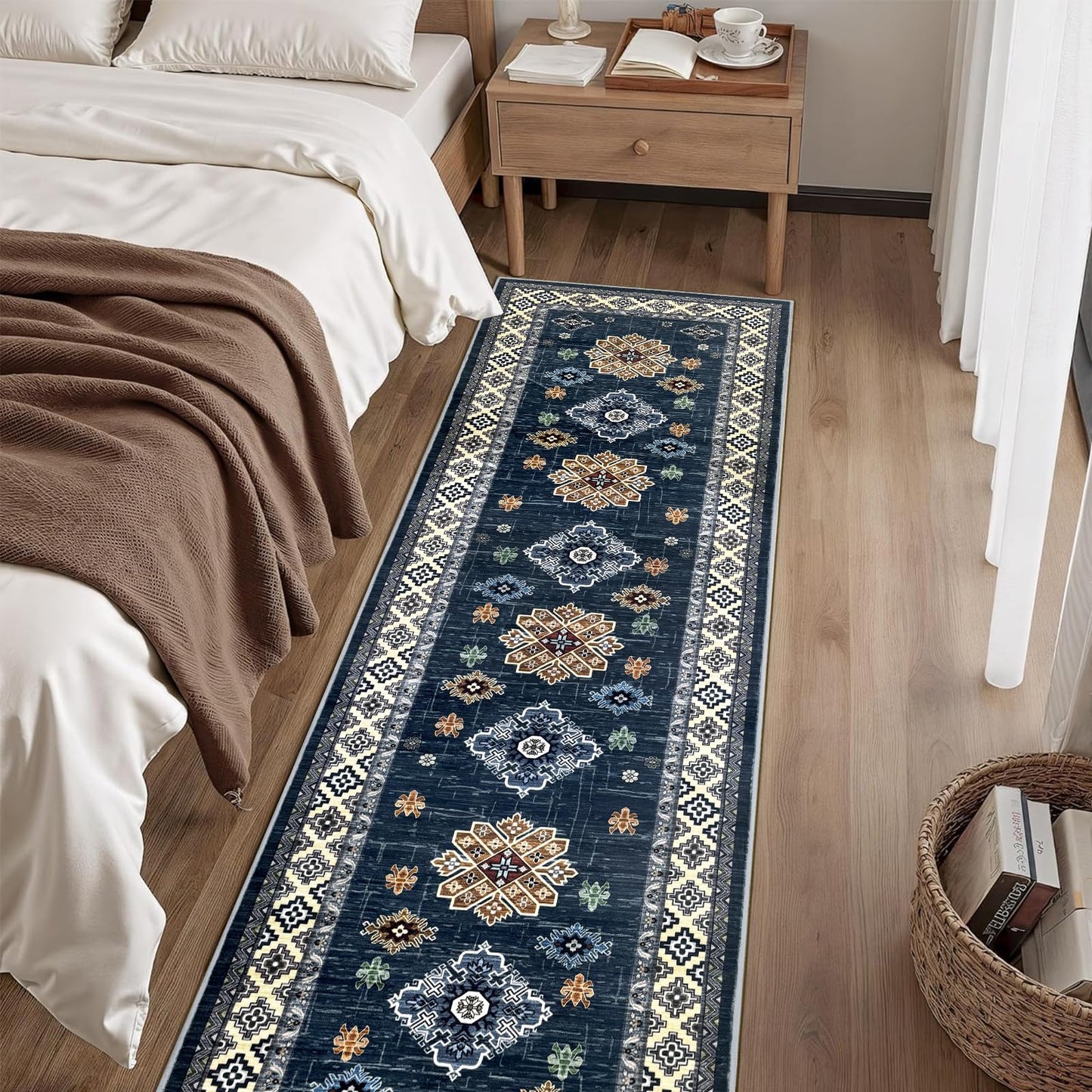 Mordem Blue Runner Rug 2x8, Non Slip Low Pile Stain Resistant Boho Washable Hallway Runner Rugs for Kitchen Bedroom Beside Laundry Room Bathroom Rug, Pet & Kids Friendly