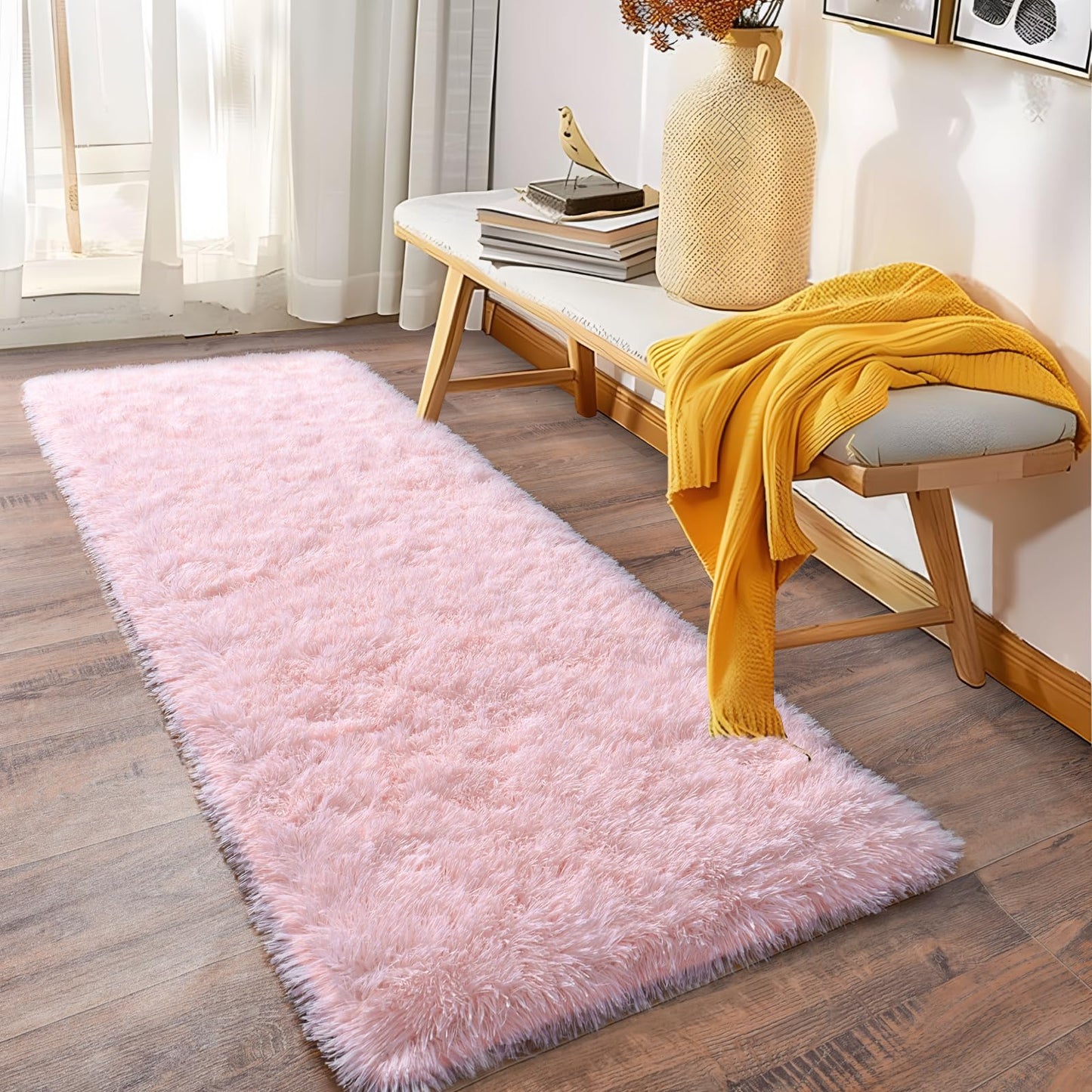 Ailyei Soft Shag Runner Rugs for Girls Bedroom, 2x6 Pink Fluffy Throw Area Rug Non Slip for Hallways Kids Bedside Dorm, Long Shaggy Furry Carpet for Nursery Living Room