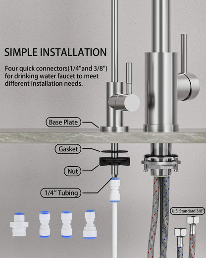 Kitchen Faucet and Water Filter Faucet: Stainless Steel Kitchen Sink Faucet with Drinking Water Faucet - Brushed Nickel Single Handle Tap with Pull Down Sprayer for Kitchen Sink Farmhouse Bar