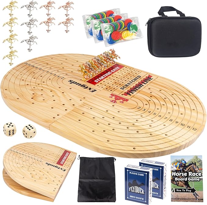 24.8in Wood Horse Race Board GameFoldable Horse Racing GameLarge Sizewith 11 Premium Metal Horses96 Chips2 dice2 Boxes of Playing CardsStorage BoxLarge Storage Bag and Instruction Manual