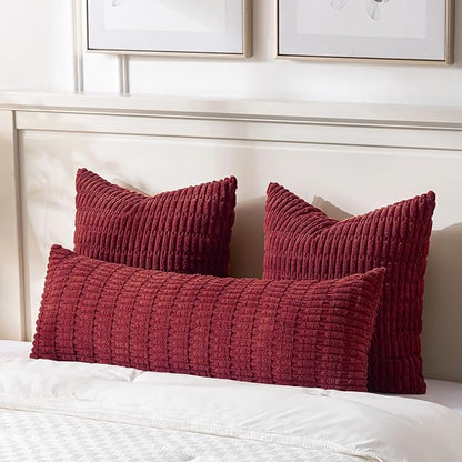 Fancy Homi Burgundy Long Body Lumbar Decorative Throw Pillow Covers 14x36 Inch for Bed Couch Bedroom Bench, Soft Corduroy Rectangle Solid Pillow Case, Rustic Farmhouse Boho Room Decor