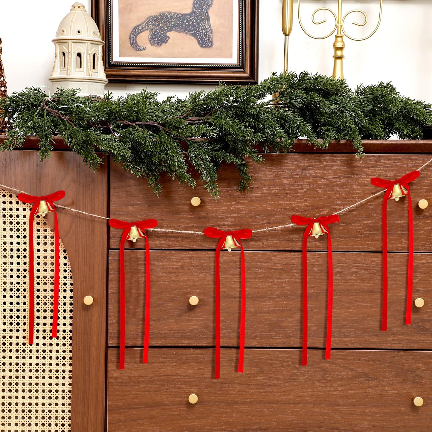 Suncalla 10 Feet Christmas Velvet Bow Garland with Jingle Bell Red Ribbon Bow Jingle Bell Banner Velvet Christmas Ornaments for Xmas Tree Fireplace Staircase Indoor Outdoor Decoration