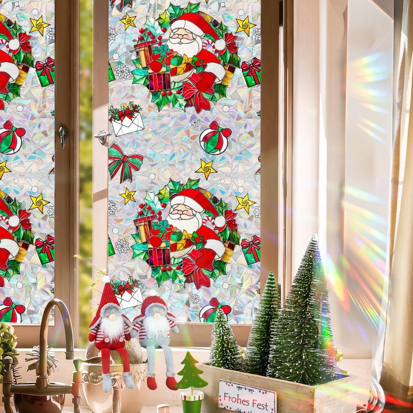 Christmas Window Stickers for Glass Rainbow Privacy Film Stained Stickers Santa Claus Window Film Christmas Balls Design Windows Decals for Home Party Supplies Glass Display Decor 17x 39.3 Inch