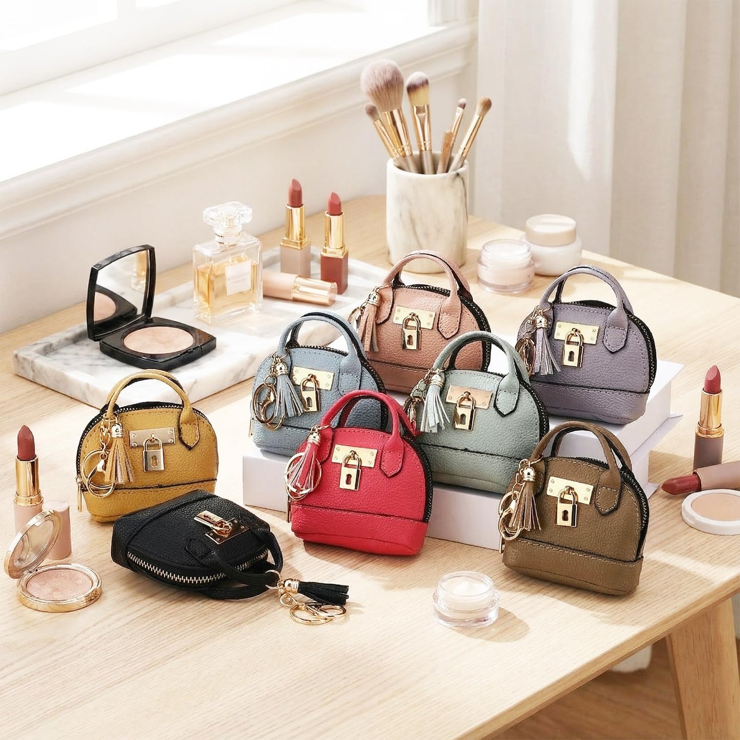 Liliaafar 8 Pcs Mini Backpack Keychain Mini Coin Purses for Women Cute PU Leather Makeup Bag with Keychain, Multi Pocket Card Holder Cable Organizer Giftable Zipper Pouch (Tradition)