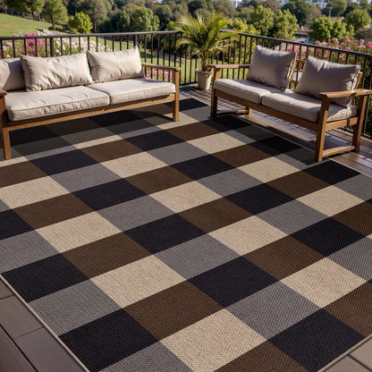 Tangsoo Checkered Easy Jute Rug 5x7 Large Washable Area Rug for Dining Room,Non-Slip Black Brown Indoor Outdoor Rug,Modern Thin Mat Outdoor Carpet for Living Room Bedroom Patio