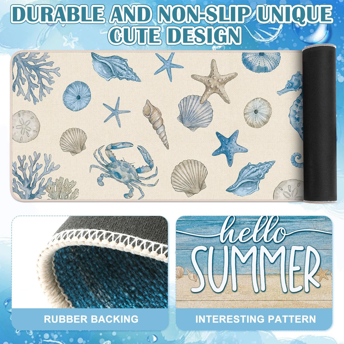 Dunzy 3 Set Coastal Kitchen Rugs Beach Rug Blue Crab Starfish Shell Sea Nautical Absorbent Mats for Sea Kitchen Bathroom Seasonal Home Decor 3 Sizes