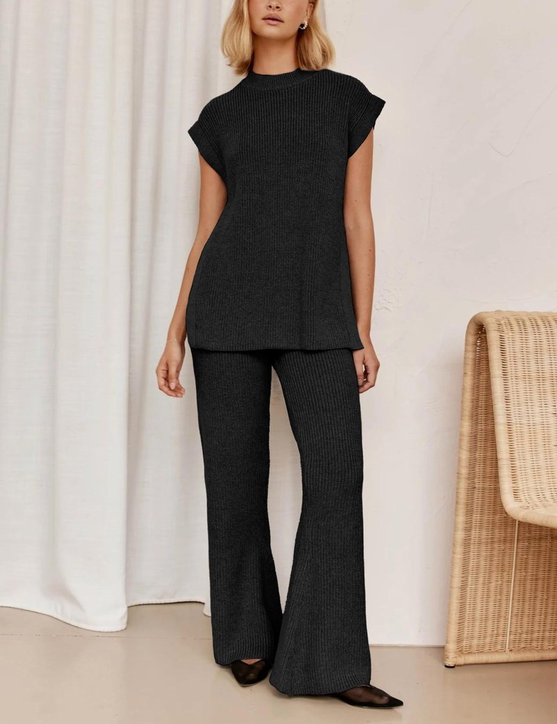 Lviefent Womens 2 Piece Outfits Sweater Set Sleeveless Side Slit Pullover Top Knit Wide Leg Pants Lounge Matching Sets (Black-L)