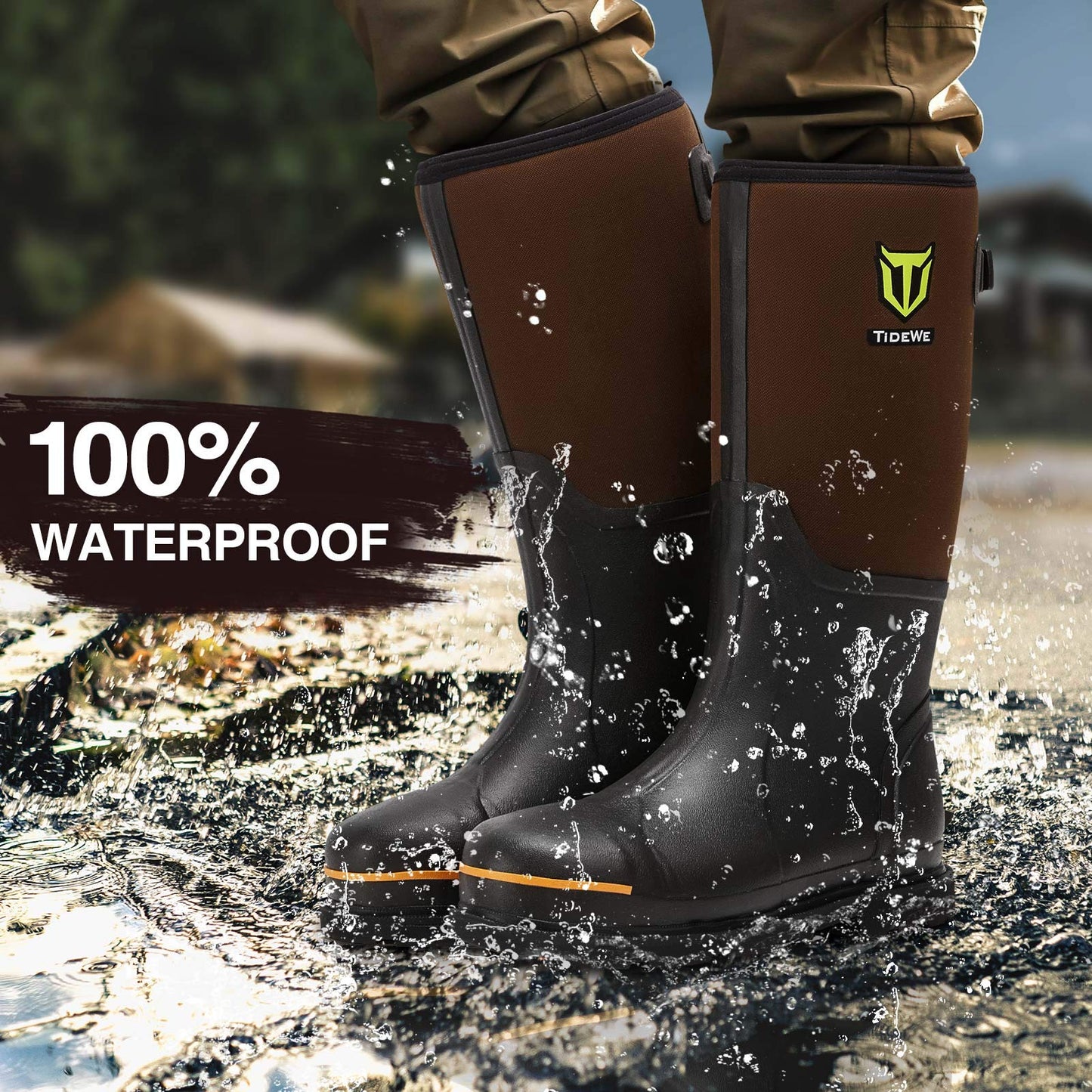 TIDEWE Rubber Work Boot for Men with Steel Toe & Shank, Waterproof Anti Slip Hunting Boot, 6mm Neoprene Hunting Boot for Manufacturing, Construction, Farming, Brown, Size 7
