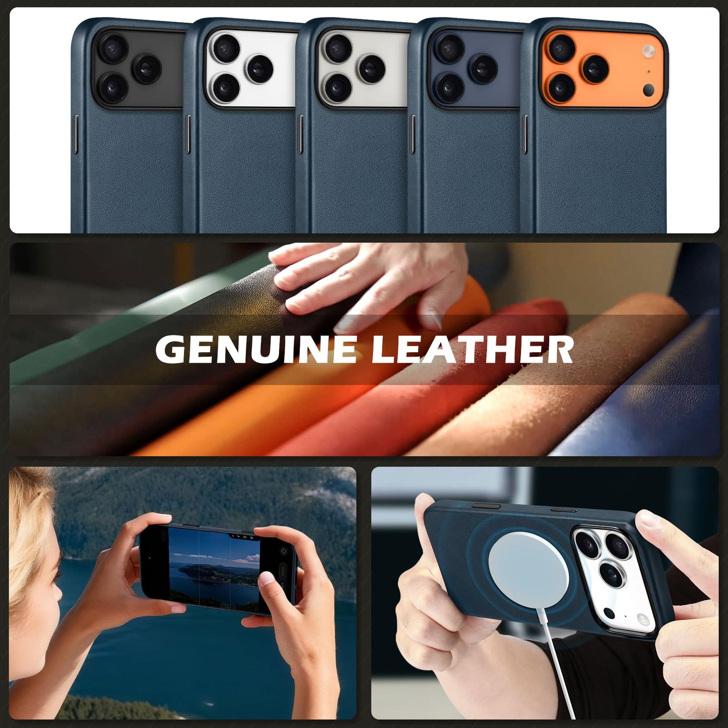 SHIELDON Genuine Leather Case for iPhone 17 Pro Max 6.9" 2025, [Camera Button Updated], Compatible with Magsafe, Magnetic Wireless Charging, Slim Fit, Non-Slip, Anti-Scratch, Shockproof - Navy Blue
