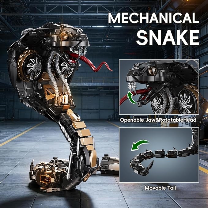 Mechanical King Cobra Building Set 1036 Pieces Steampunk Black Mamba Snake Model Kit Articulated Reptile Construction Toy Cyberpunk Home Decor Gift for Adults and Teens